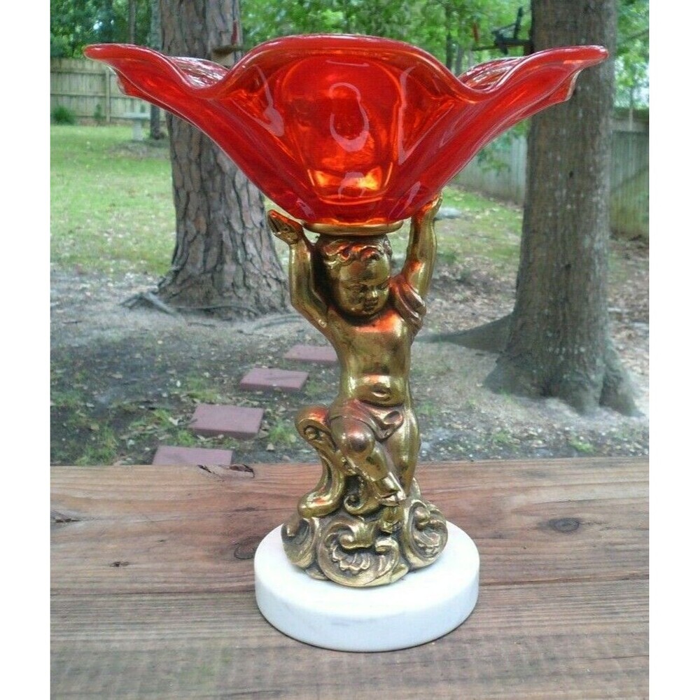 Vtg Italian Cherub Putti Orange Glass Compote Footed Bowl Marble Base 9 1/4"